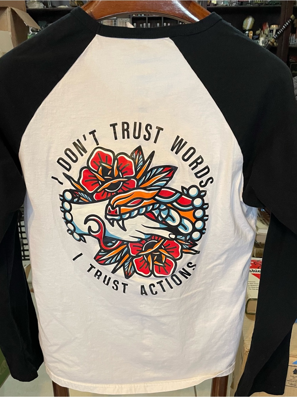 Graphic Raglan Long Sleeve Tee - White/Black - I Don't Trust Words